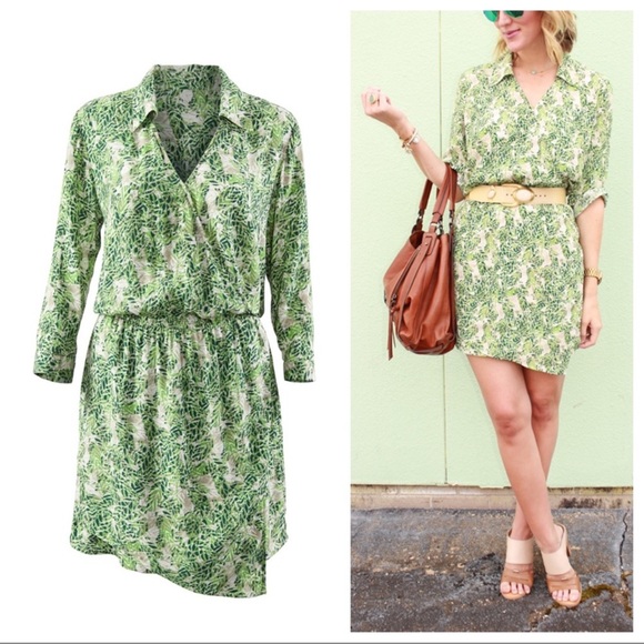CAbi Dresses & Skirts - CAbi Green Palm Leaf Print Faux Wrap Dress Medium